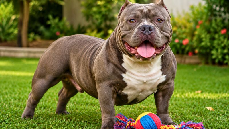Cachorro da raça American Bully deitado no chão brincando com um brinquedo mordedor.