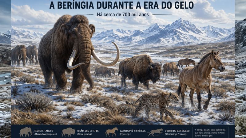 Ilustração realista e horizontal da antiga Beríngia durante a era do gelo, mostrando um mamute-lanoso em destaque, manadas de bisões e cavalos, e montanhas nevadas ao fundo.