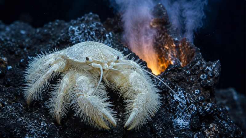Caranguejo-yeti branco com patas peludas fotografado em uma fenda hidrotermal no fundo do oceano.