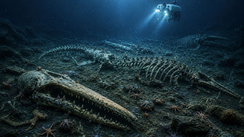 Ilustração artística de um cemitério de baleias nas profundezas do Oceano Índico com fósseis preservados há milhões de anos