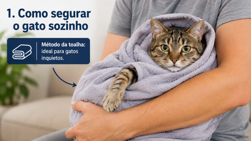 Gato doméstico enrolado de forma firme e segura em uma toalha macia, deixando apenas a cabeça e uma patinha para fora.