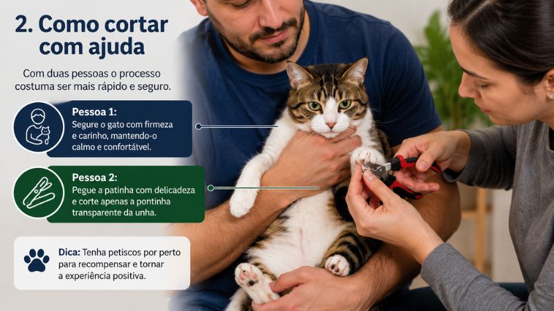 Duas pessoas cuidando de um felino; uma oferece carinho e segura o pet no colo enquanto a outra apara as garras.