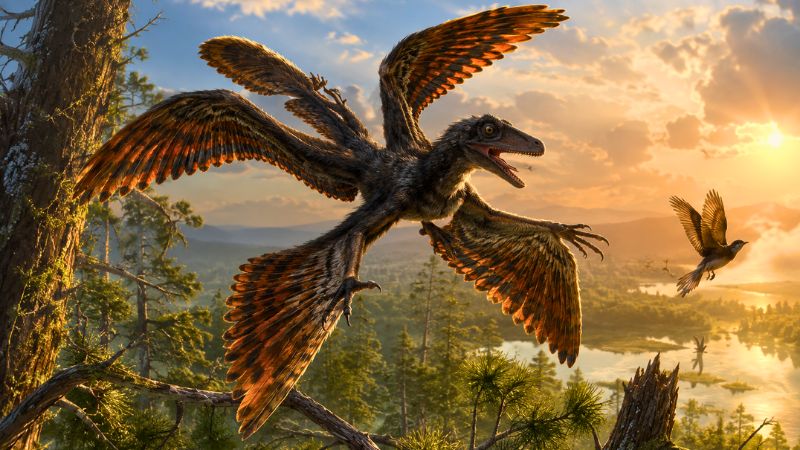 Ilustração artística do dinossauro de quatro asas Jian changmaensis planando entre as árvores com suas penas longas nos braços e pernas.