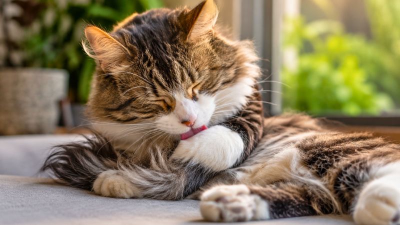 Gato de pelagem longa e densa deitado se lambendo e fazendo sua higiene diária.
