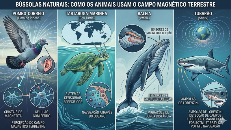 Infográfico mostrando pombo, tartaruga, baleia e tubarão usando bússolas naturais para se orientar pelo campo magnético da Terra.