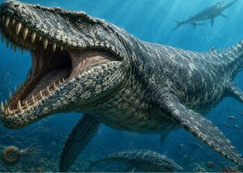 Ilustração digital de um mosassauro, réptil marinho gigante do período Cretáceo, nadando em águas azuis profundas do oceano pré-histórico.
