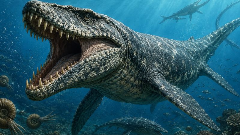 Ilustração digital de um mosassauro, réptil marinho gigante do período Cretáceo, nadando em águas azuis profundas do oceano pré-histórico.