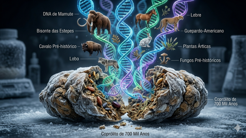 Infográfico ilustrado de um coprólito de 700 mil anos aberto ao meio, mostrando fitas de DNA coloridas saindo dele junto com imagens de mamute, bisão, cavalo e lobo.