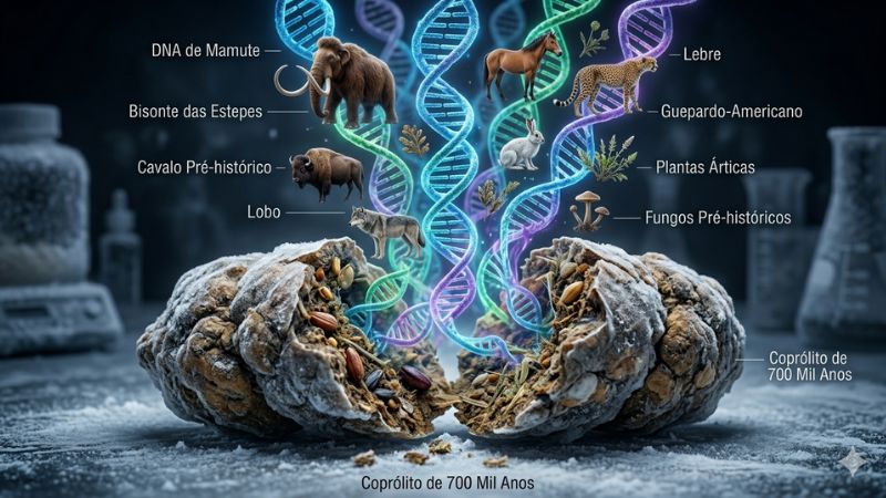 Infográfico ilustrado de um coprólito de 700 mil anos aberto ao meio, mostrando fitas de DNA coloridas saindo dele junto com imagens de mamute, bisão, cavalo e lobo.