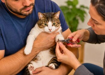 Imagem ilustrativa de um tutor segurando com delicadeza a patinha de um gato e usando um cortador próprio para aparar a garra.