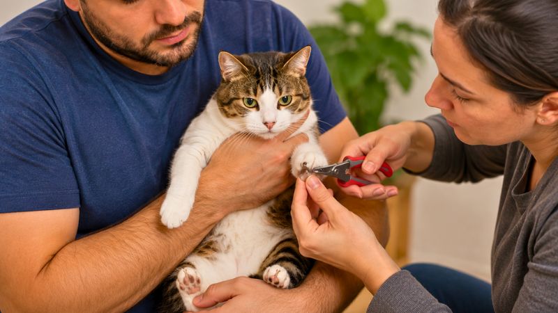 Imagem ilustrativa de um tutor segurando com delicadeza a patinha de um gato e usando um cortador próprio para aparar a garra.