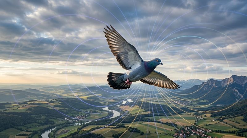 Ilustração fotorealista e horizontal de um pombo-correio voando sobre uma paisagem de vales e montanhas, cercado por linhas brilhantes que representam o campo magnético da Terra.