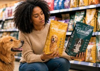 Mulher em um pet shop segurando dois sacos de ração de marcas diferentes com dúvida de qual escolher.