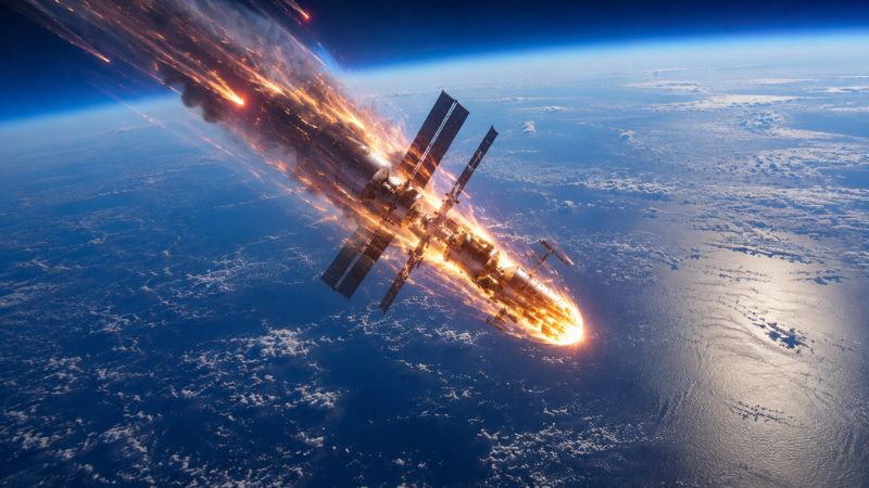 Representação artística de uma estação espacial em chamas reentrando na atmosfera terrestre sobre o oceano.