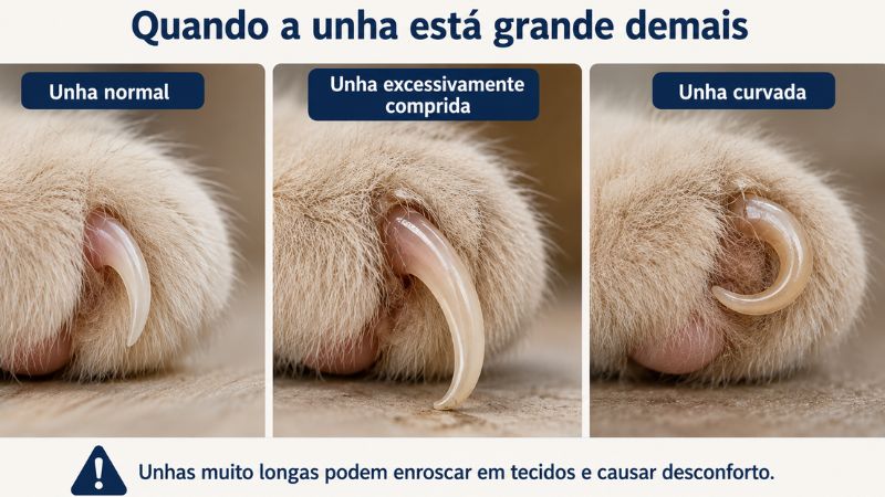 Imagem ilustrativa das garras de um felino muito compridas e curvadas, mostrando o crescimento excessivo que causa desconforto ao caminhar.