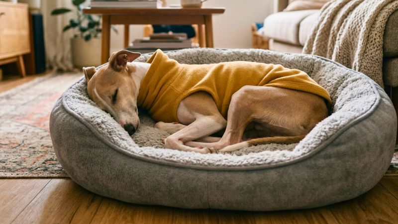 Cachorro Whippet (Galgo Italiano) usando roupinha de fleece amarela e dormindo em caminha aconchegante dentro de casa.