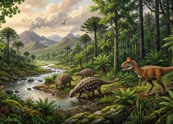 Reconstrução artística da Antártida pré-histórica com florestas exuberantes, um Cryolophosaurus com crista e um grupo de Antarctopelta perto de um rio.