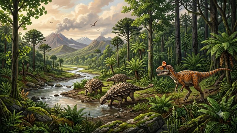 Reconstrução artística da Antártida pré-histórica com florestas exuberantes, um Cryolophosaurus com crista e um grupo de Antarctopelta perto de um rio.