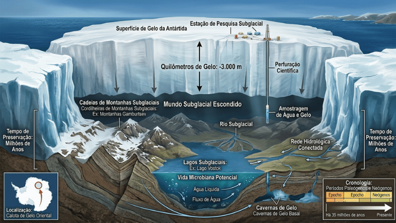 Infográfico ilustrativo mostrando o que existe sob o gelo da Antártida, com montanhas, vales profundos e lagos subglaciais.