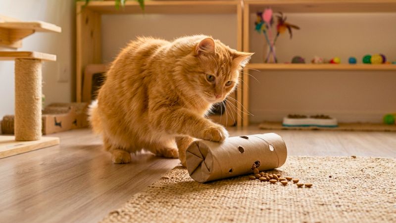 Gato doméstico focado brincando com um rolo de papelão fechado nas pontas e com pequenos furos para liberar grãos de ração.