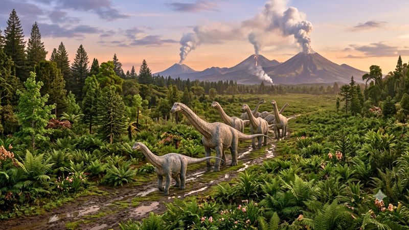 Ilustração principal: Manada de Titanossauros migrando pela floresta temperada da Antártida antiga durante o período Cretáceo.