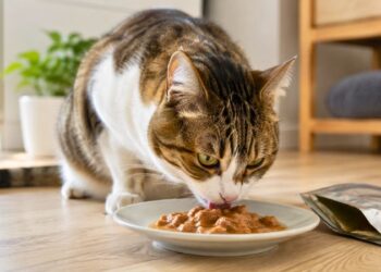 Gato doméstico comendo sachê de alimento úmido em prato, ilustrando como escolher o melhor sachê para gatos.