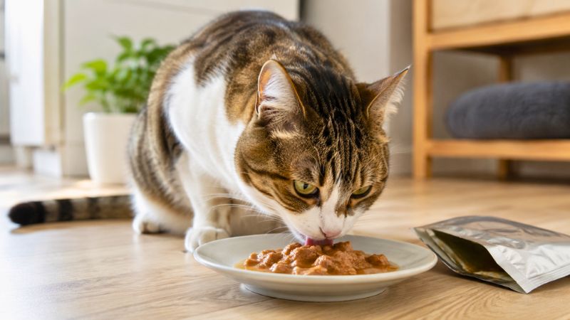 Gato doméstico comendo sachê de alimento úmido em prato, ilustrando como escolher o melhor sachê para gatos.