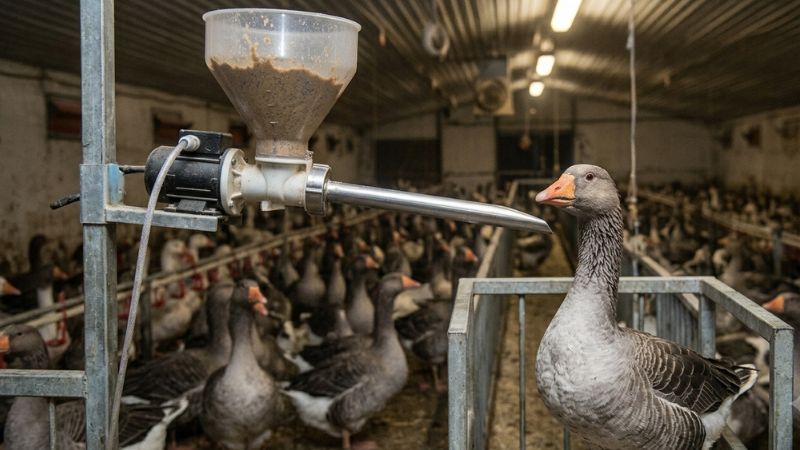 Ganso ao lado de equipamento de alimentação forçada em confinamento, ilustrando a proibição do foie gras no Brasil.