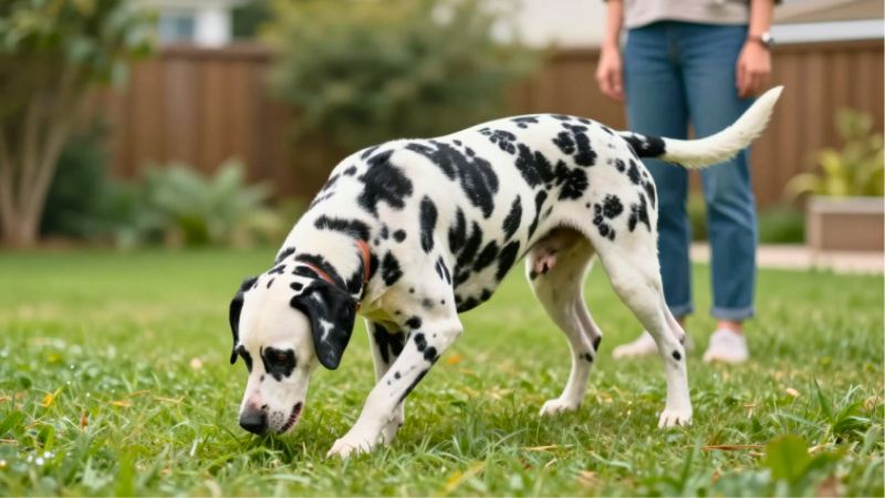 Cachorro abaixado cheirando o gramado no jardim antes de fazer cocô.