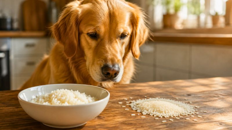 Cachorro olhando para uma tigela de arroz em cima da mesa, na dúvida se cachorro pode comer arroz.