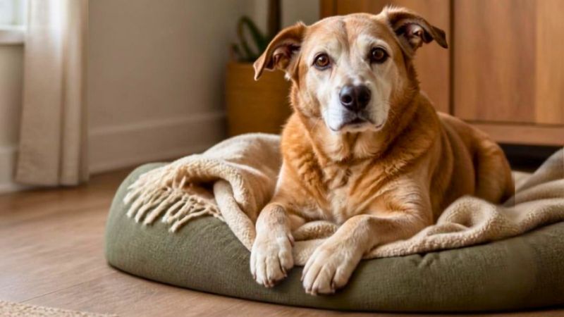 Cão idoso sorridente e confortável deitado em uma cama macia dentro de casa.