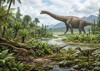 Pequenos dinossauros terópodes na vegetação rasteira com um enorme saurópode ao fundo.