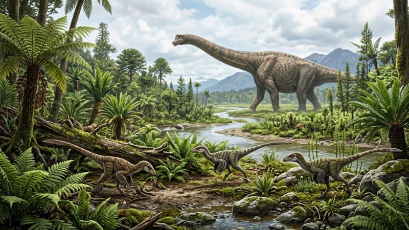 Pequenos dinossauros terópodes na vegetação rasteira com um enorme saurópode ao fundo.