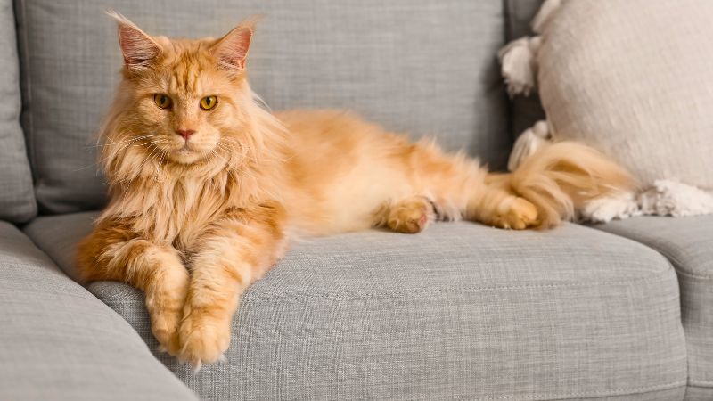 Gato gigante da raça Maine Coon em destaque mostrando seu porte avantajado e pelagem densa.