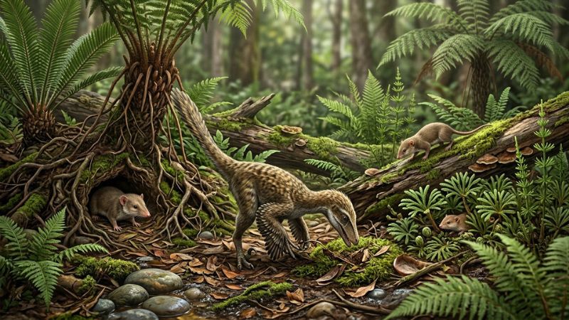 Pequenos dinossauros e pequenos mamíferos primitivos entre troncos e vegetação rasteira.