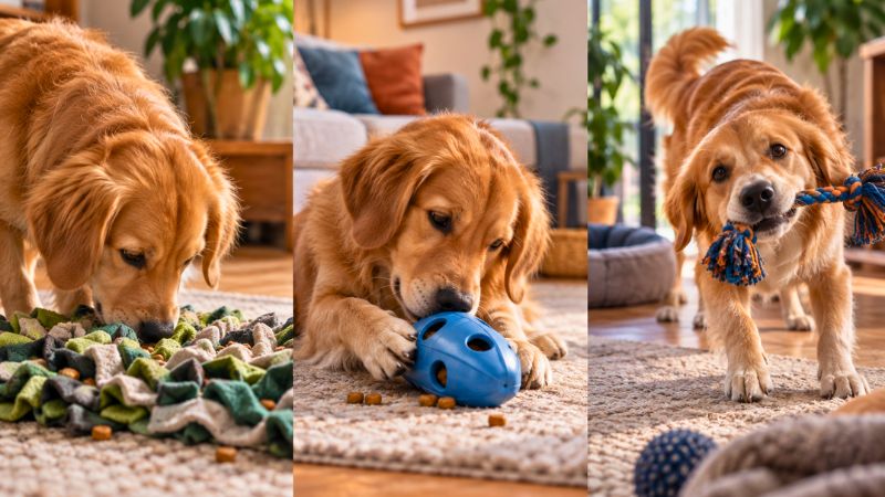 Cão feliz e atento interagindo com brinquedos e atividades de enriquecimento ambiental dentro de casa.