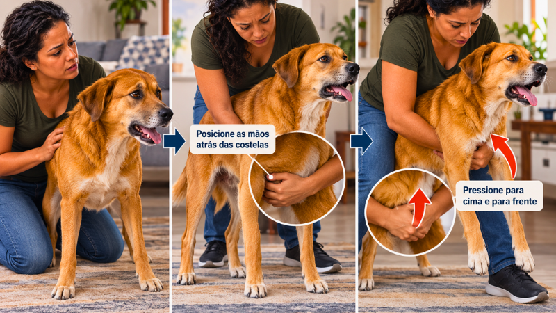 Ilustração mostrando técnicas de primeiros socorros para cachorro engasgado