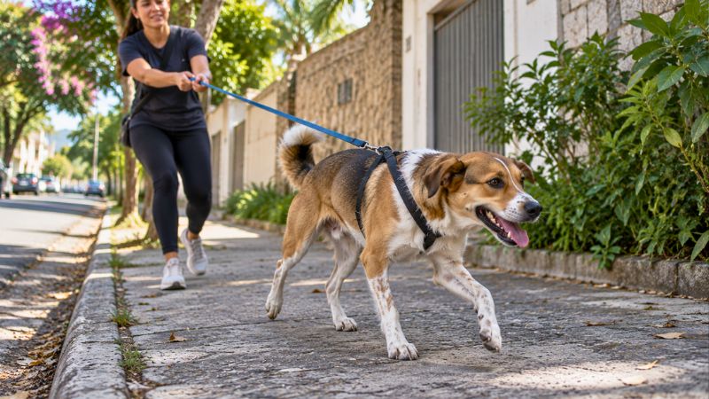 Cachorro sem raça definida puxando a guia durante passeio com o tutor
