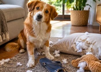 Cão com cara de sapeca sentado na sala ao lado de um chinelo destruído e espuma de almofada rasgada.