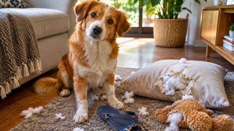 Cão com cara de sapeca sentado na sala ao lado de um chinelo destruído e espuma de almofada rasgada.