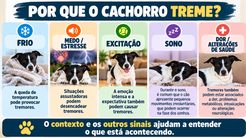 Infográfico sobre por que o cachorro treme, mostrando frio, medo, excitação, sono e alterações de saúde
