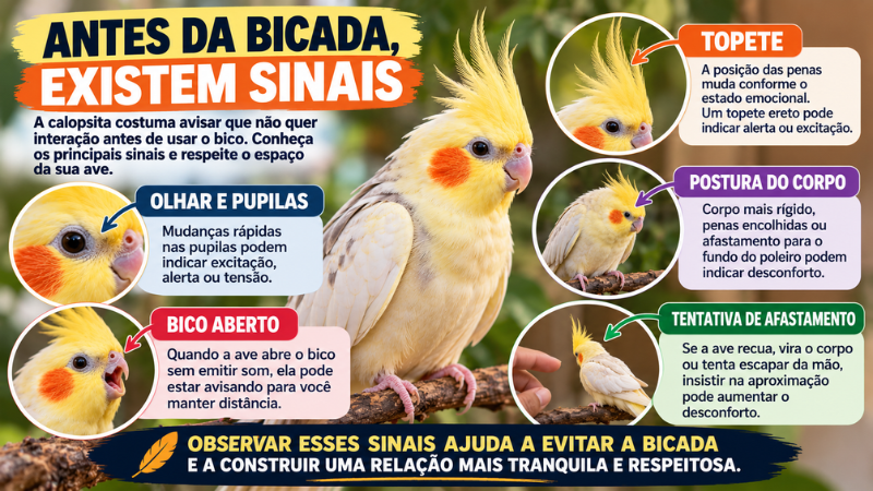 Infográfico com sinais que aparecem antes da bicada da calopsita