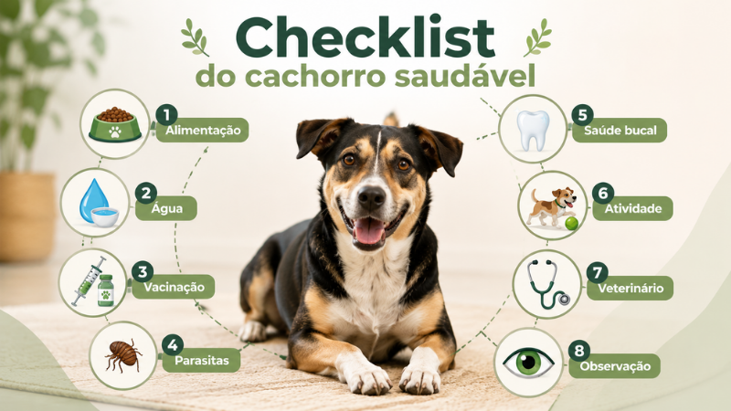 Ilustração com checklist dos principais cuidados para manter o cachorro saudável