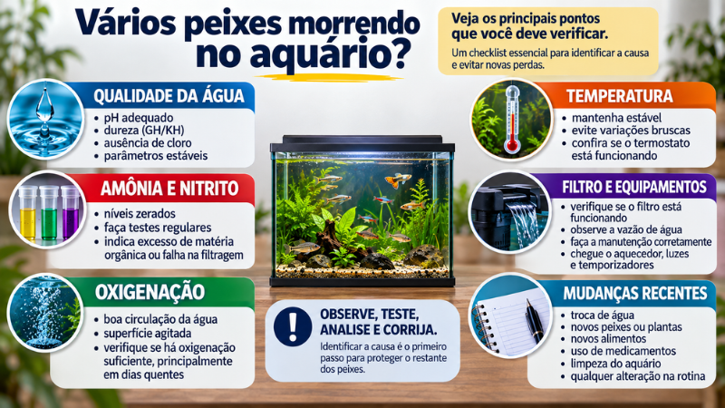 Checklist com os principais pontos a verificar quando vários peixes morrem no aquário
