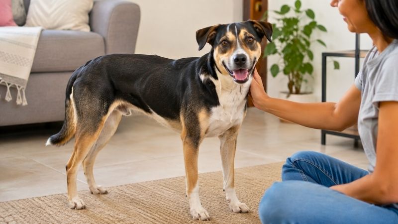 Tutora sorridente fazendo carinho e cuidando da saude do cachorro em ambiente aconchegante