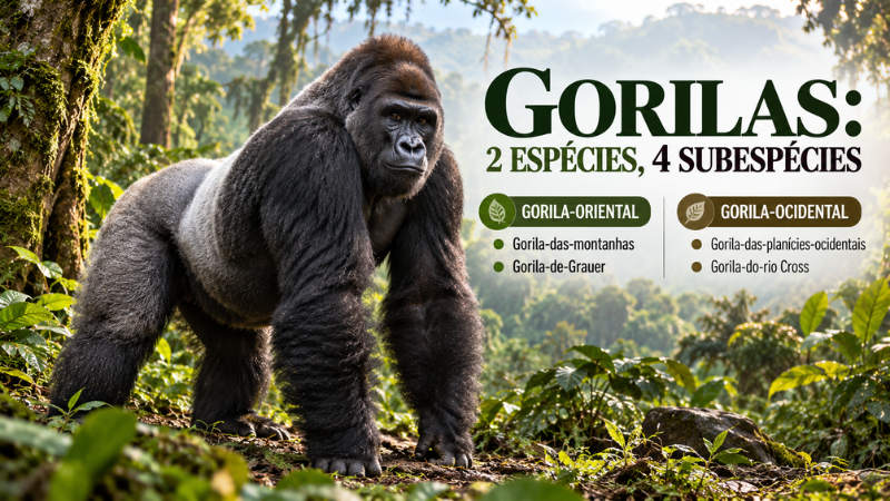 Ilustração explicativa mostrando um gorila e detalhando as duas espécies existentes: gorila-oriental e gorila-ocidental.