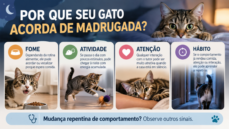 Infográfico sobre os motivos que podem levar um gato a acordar de madrugada, como fome, atividade, atenção e hábito.