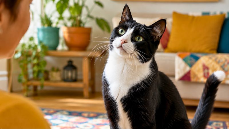 Gato com olhar atento e boca entreaberta como se estivesse conversando com o tutor