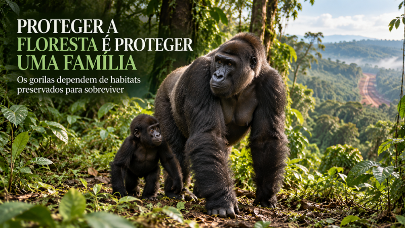 Ilustração de uma fêmea de gorila carregando e cuidando de seu filhote no habitat natural.
