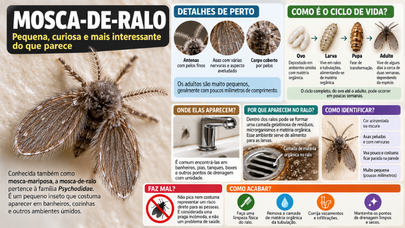 Infográfico sobre a mosca-de-ralo, com características, ciclo de vida, locais onde aparece e formas de controle